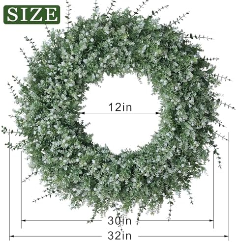 32" Large Artificial Eucalyptus Wreath for Front Door Decor (White-Green) in White-green, alternate view 5