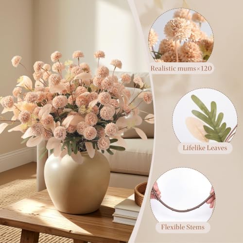32 Pcs Beige Faux Silk Mums, Fake Chrysanthemum for Vase in Beige, alternate view 3