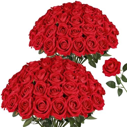32 PCS Red Roses, Velvet Realistic Fake Flowers w/Stems in Red