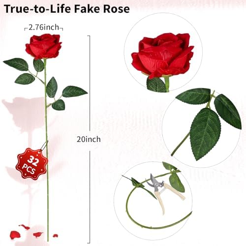 32 PCS Red Roses, Velvet Realistic Fake Flowers w/Stems in Red, alternate view 2