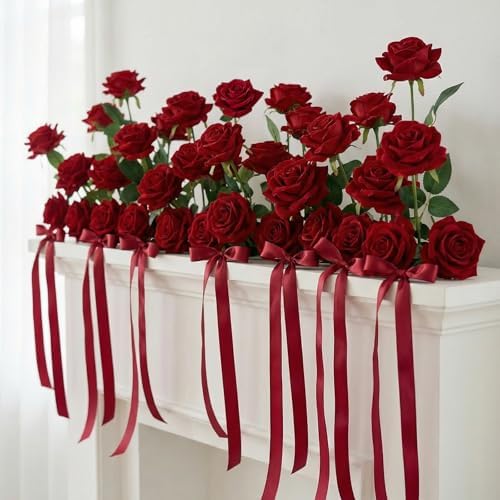 32 PCS Red Roses, Velvet Realistic Fake Flowers w/Stems in Red, alternate view 4