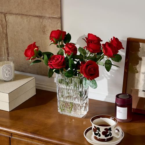 32 PCS Red Roses, Velvet Realistic Fake Flowers w/Stems in Red, alternate view 5