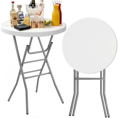 32" Round Cocktail Table, Folding Bar Height Table with Removable Legs, 43.3" Tall Portable Plastic Bistro High