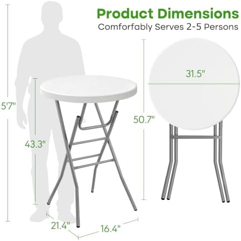32" Round Cocktail Table, Folding Bar Height Table with Removable Legs, 43.3" Tall Portable Plastic Bistro High, alternate