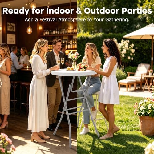 32" Round Cocktail Table, Folding Bar Height Table with Removable Legs, 43.3" Tall Portable Plastic Bistro High, alternate