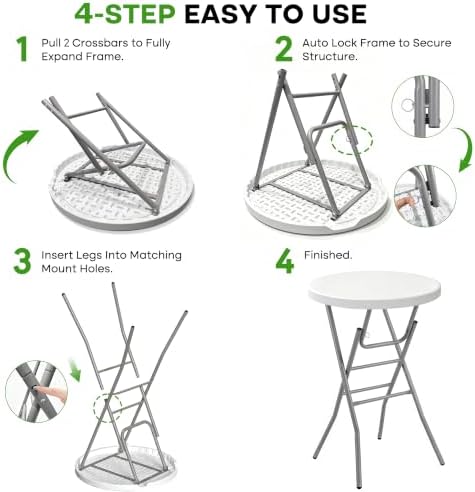 32" Round Cocktail Table, Folding Bar Height Table with Removable Legs, 43.3" Tall Portable Plastic Bistro High, alternate