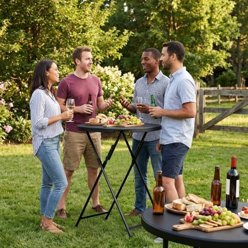 32" Round Folding Cocktail Table - HDPE Matrial Top with Steel Frame, Stable & Easy to Clean - High Top Table, alternate view