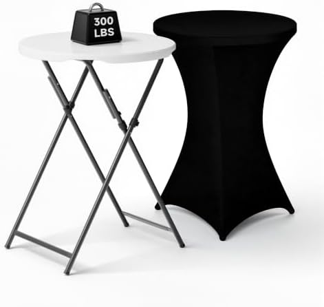 32" Round Folding Cocktail Table with Elastic Cover, Heavy Duty HDPE Top & Steel Frame, Stable & Easy to Clean