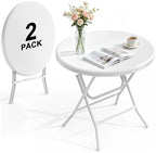 32" Round Folding Table, HDPE Top & Metal Frame, 2 Pack, White in White