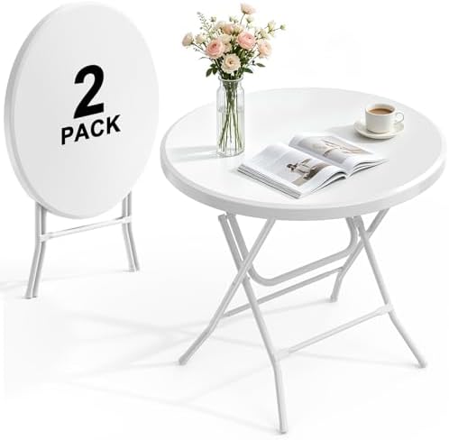 32" Round Folding Table, HDPE Top & Metal Frame, 2 Pack, White in White