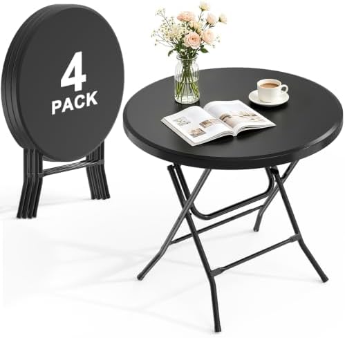 32" Round Folding Table, HDPE Top & Metal Frame, 4 Pack, Black in Black