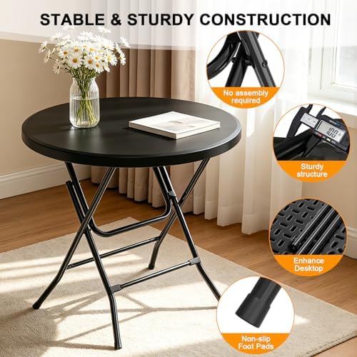 32" Round Folding Table, HDPE Top & Metal Frame, 4 Pack, Black in Black, alternate view 4