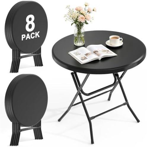 32" Round Folding Table, HDPE Top & Metal Frame, 8 Pack, Black in Black