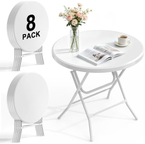 32" Round Folding Table, HDPE Top & Metal Frame, 8 Pack, White in White