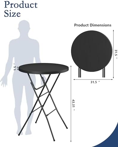 32" Round Folding Table, Plastic Bar Height Tables for Parties, Black in Black, alternate view 2
