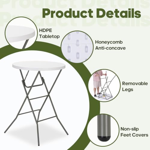 32" Round Folding Table, Portable Bar Height Folding Table with Detachable Legs, Round Foldable Table with HDPE, alternate