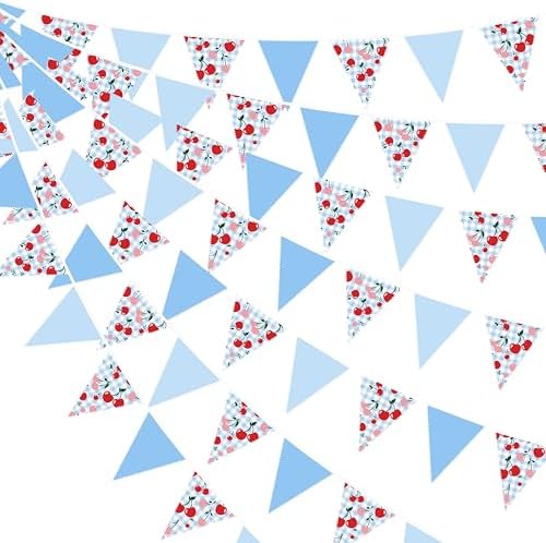 32Ft Blue Gingham Cheery Pennant Banner Fabric Triangle Flag Garland Streamers Party Decorations for Ma Cherie