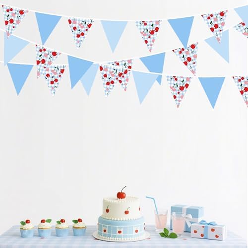 32Ft Blue Gingham Cheery Pennant Banner Fabric Triangle Flag Garland Streamers Party Decorations for Ma Cherie, alternate