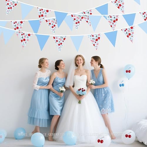 32Ft Blue Gingham Cheery Pennant Banner Fabric Triangle Flag Garland Streamers Party Decorations for Ma Cherie, alternate