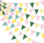 32Ft Camp Bride Party Decorations Pink Green Yellow Gingham Fabric Triangle Banner Flag Plaid Pennant Garland
