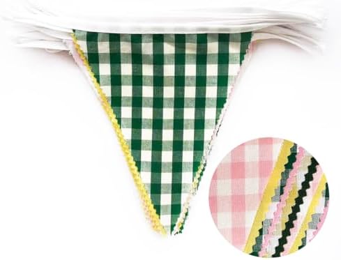 32Ft Camp Bride Party Decorations Pink Green Yellow Gingham Fabric Triangle Banner Flag Plaid Pennant Garland, alternate view