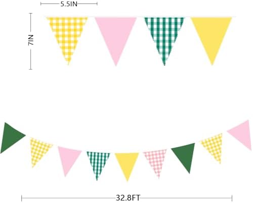 32Ft Camp Bride Party Decorations Pink Green Yellow Gingham Fabric Triangle Banner Flag Plaid Pennant Garland, alternate view