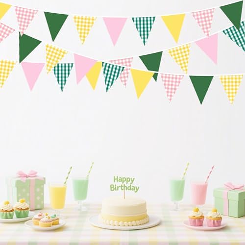 32Ft Camp Bride Party Decorations Pink Green Yellow Gingham Fabric Triangle Banner Flag Plaid Pennant Garland, alternate view