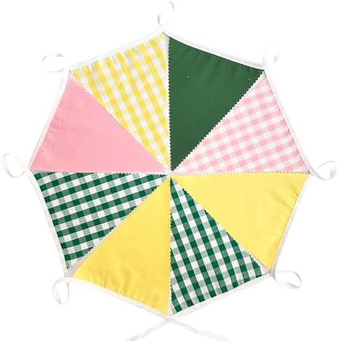 32Ft Camp Bride Party Decorations Pink Green Yellow Gingham Fabric Triangle Banner Flag Plaid Pennant Garland, alternate view