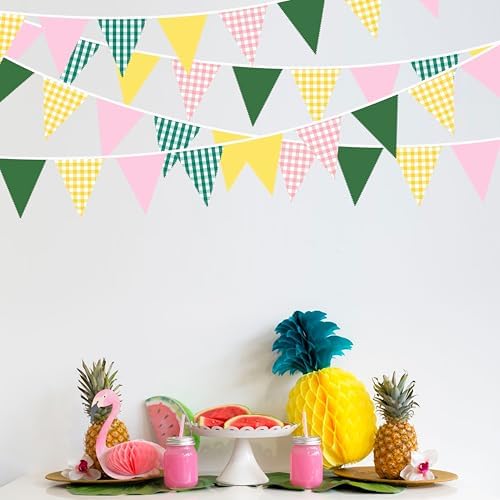 32Ft Camp Bride Party Decorations Pink Green Yellow Gingham Fabric Triangle Banner Flag Plaid Pennant Garland, alternate view