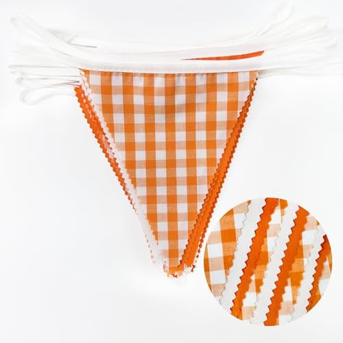32Ft Orange Party Decorations Orange Buffalo Plaid Checkered White Triangle Flag Gingham Pennant Bunting Fabric, alternate