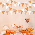 32Ft Orange Party Decorations Orange Buffalo Plaid Checkered White Triangle Flag Gingham Pennant Bunting Fabric, alternate