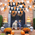 32Ft Orange Party Decorations Orange Buffalo Plaid Checkered White Triangle Flag Gingham Pennant Bunting Fabric, alternate