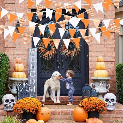 32Ft Orange Party Decorations Orange Buffalo Plaid Checkered White Triangle Flag Gingham Pennant Bunting Fabric, alternate