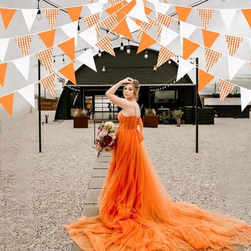 32Ft Orange Party Decorations Orange Buffalo Plaid Checkered White Triangle Flag Gingham Pennant Bunting Fabric, alternate