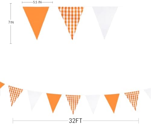 32Ft Orange Party Decorations Orange Buffalo Plaid Checkered White Triangle Flag Gingham Pennant Bunting Fabric, alternate