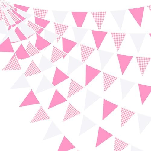 32Ft Pink Gingham Party Decorations Hot Pink Plaid Checkered Pennant Banner Fabric Triangle Flag Bunting Garland