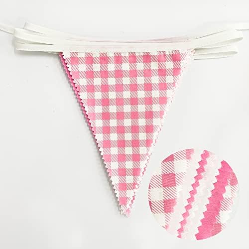 32Ft Pink Gingham Party Decorations Hot Pink Plaid Checkered Pennant Banner Fabric Triangle Flag Bunting Garland, alternate
