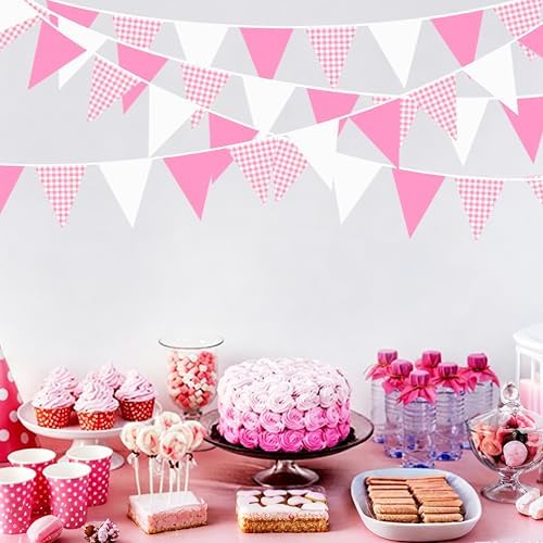32Ft Pink Gingham Party Decorations Hot Pink Plaid Checkered Pennant Banner Fabric Triangle Flag Bunting Garland, alternate