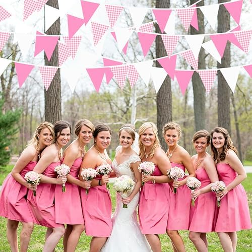 32Ft Pink Gingham Party Decorations Hot Pink Plaid Checkered Pennant Banner Fabric Triangle Flag Bunting Garland, alternate