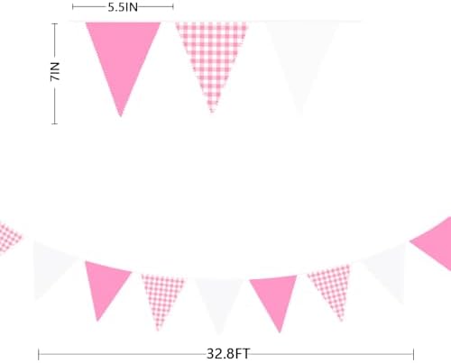 32Ft Pink Gingham Party Decorations Hot Pink Plaid Checkered Pennant Banner Fabric Triangle Flag Bunting Garland, alternate