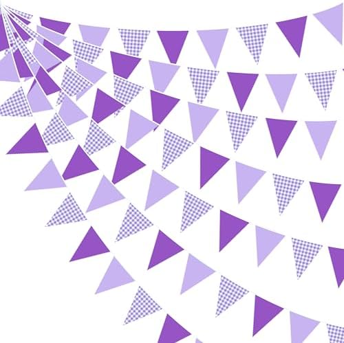 32Ft Purple Party Decorations Purple Gingham Triangle Flag Plaid Checkered Pennant Banner Fabric Garland