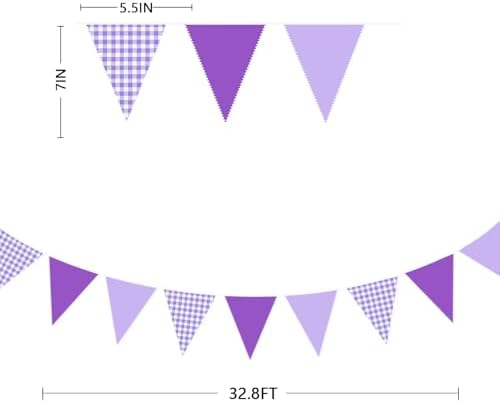 32Ft Purple Party Decorations Purple Gingham Triangle Flag Plaid Checkered Pennant Banner Fabric Garland, alternate view 3