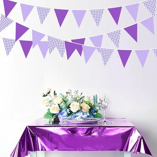 32Ft Purple Party Decorations Purple Gingham Triangle Flag Plaid Checkered Pennant Banner Fabric Garland, alternate view 4