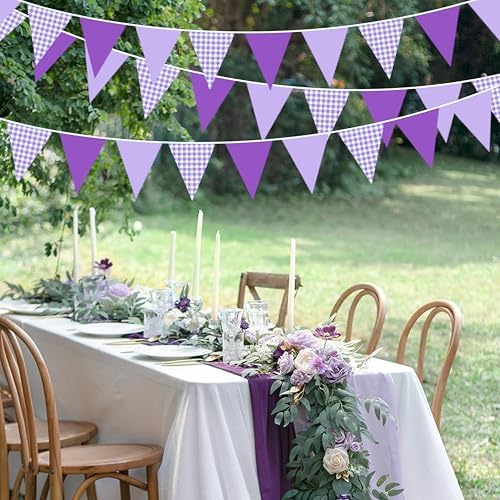 32Ft Purple Party Decorations Purple Gingham Triangle Flag Plaid Checkered Pennant Banner Fabric Garland, alternate view 5