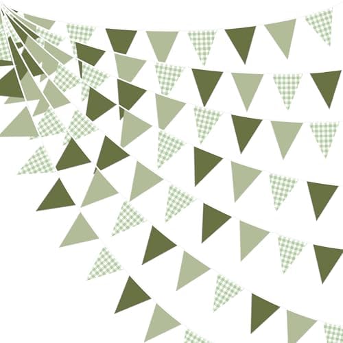 32Ft Sage Green Party Decorations Sage Gingham Banner Olive Green Buffalo Plaid Checkered Triangle Flag Pennant