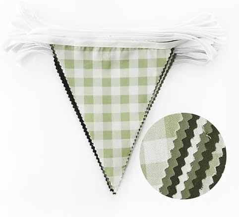 32Ft Sage Green Party Decorations Sage Gingham Banner Olive Green Buffalo Plaid Checkered Triangle Flag Pennant, alternate