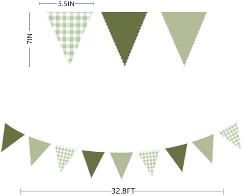 32Ft Sage Green Party Decorations Sage Gingham Banner Olive Green Buffalo Plaid Checkered Triangle Flag Pennant, alternate
