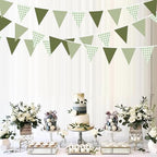 32Ft Sage Green Party Decorations Sage Gingham Banner Olive Green Buffalo Plaid Checkered Triangle Flag Pennant, alternate