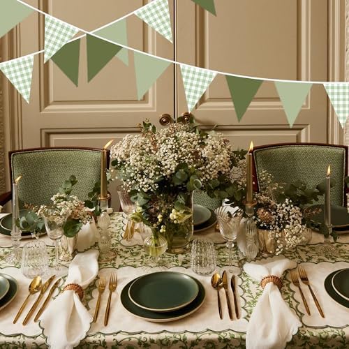 32Ft Sage Green Party Decorations Sage Gingham Banner Olive Green Buffalo Plaid Checkered Triangle Flag Pennant, alternate
