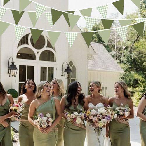 32Ft Sage Green Party Decorations Sage Gingham Banner Olive Green Buffalo Plaid Checkered Triangle Flag Pennant, alternate